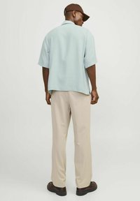 Camisa de manga corta de color azul claro con un corte relajado, combinada con pantalones beige y zapatos marrones, vista desde la parte de atrás.