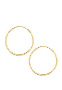 Ohrringe aus goldfarbenem Metall mit einem glatten, runden Design. Leichtgewichtig, mit einem einfachen Verschlussmechanismus. Durchmesser: mittel.