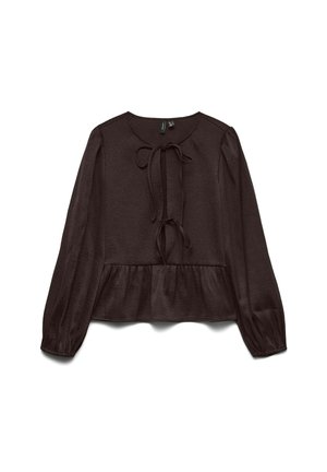 Pruun peplum-särgid, ümar kaelus, ees sidumisdetailid, pikad varrukad ja tekstuuriga kangas.