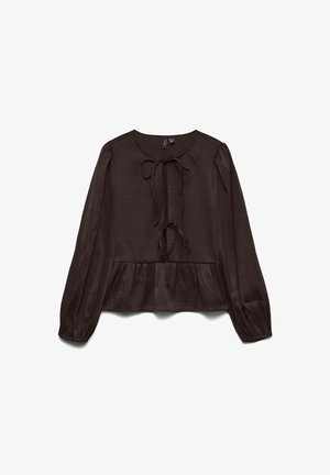 Brązowa bluzka peplum z okrągłym dekoltem, wiązanymi akcentami z przodu, długimi rękawami i teksturowanym materiałem.