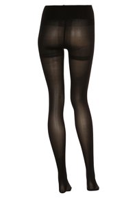 Schwarze, transparente Strumpfhosen mit einer glatten Textur, opakem Finish und nahtlosem Design, ausgestattet mit einem hohen Taillenbund und verstärktem Zehenbereich.