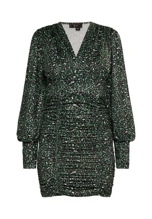 Abito con stampa leopardata verde e nera, con maniche lunghe e puffate e texture arricciata. Design a scollo a V e dettagli arricciati su tutta la superficie.