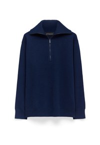 Pullover blu navy realizzato in tessuto morbido, caratterizzato da un alto colletto e una chiusura lampo a un quarto nella parte anteriore. Maniche lunghe con polsini e orlo a coste.