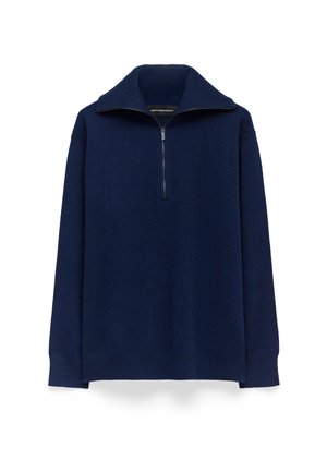 Marineblauer Pullover aus weichem Material mit hohem Kragen und einem viertel Reißverschluss an der Front. Lange Ärmel mit gerippten Bündchen und Saum.