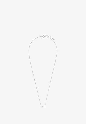 Silver chain necklace featuring a delicate design with three small accent charms. Includes an adjustable clasp and extension chain.