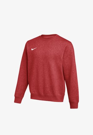 Red long-sleeve crewneck sweatshirt with a small white Nike logo on the upper left chest, made from textured fabric.