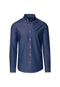 Ciemnoniebieska koszula z guzikiem, wykonana z denimu, z długimi rękawami, klasycznym kołnierzykiem i białymi guzikami z przodu.