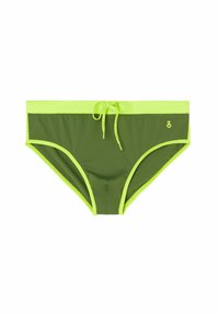 Gröna simshorts med neongula detaljer, med resårband i midjan, kontrasterande kantlinjer och en liten logotyp på sidan.