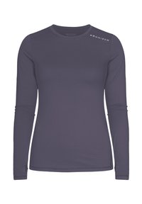Langarmshirt in Dunkelgrau, aus strukturiertem Stoff. Mit rundem Ausschnitt und kleinen Logo-Akzenten auf der Schulter.