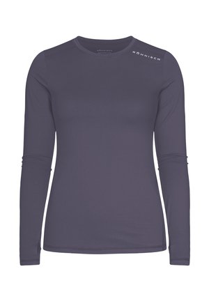 Maglietta a maniche lunghe in grigio scuro, realizzata in tessuto testurizzato. Presenta un collo rotondo e piccoli dettagli con logo sulla spalla.