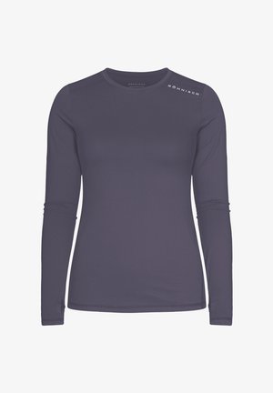 Langærmet top i mørkegrå, lavet af tekstureret stof. Har en rund halsudskæring og små logo-detaljer på skuldrene.