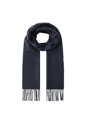 Écharpe en laine bleu marine foncé avec une texture lisse, présentant de longues franges à chaque extrémité et un design rectangulaire pour l'enroulement.