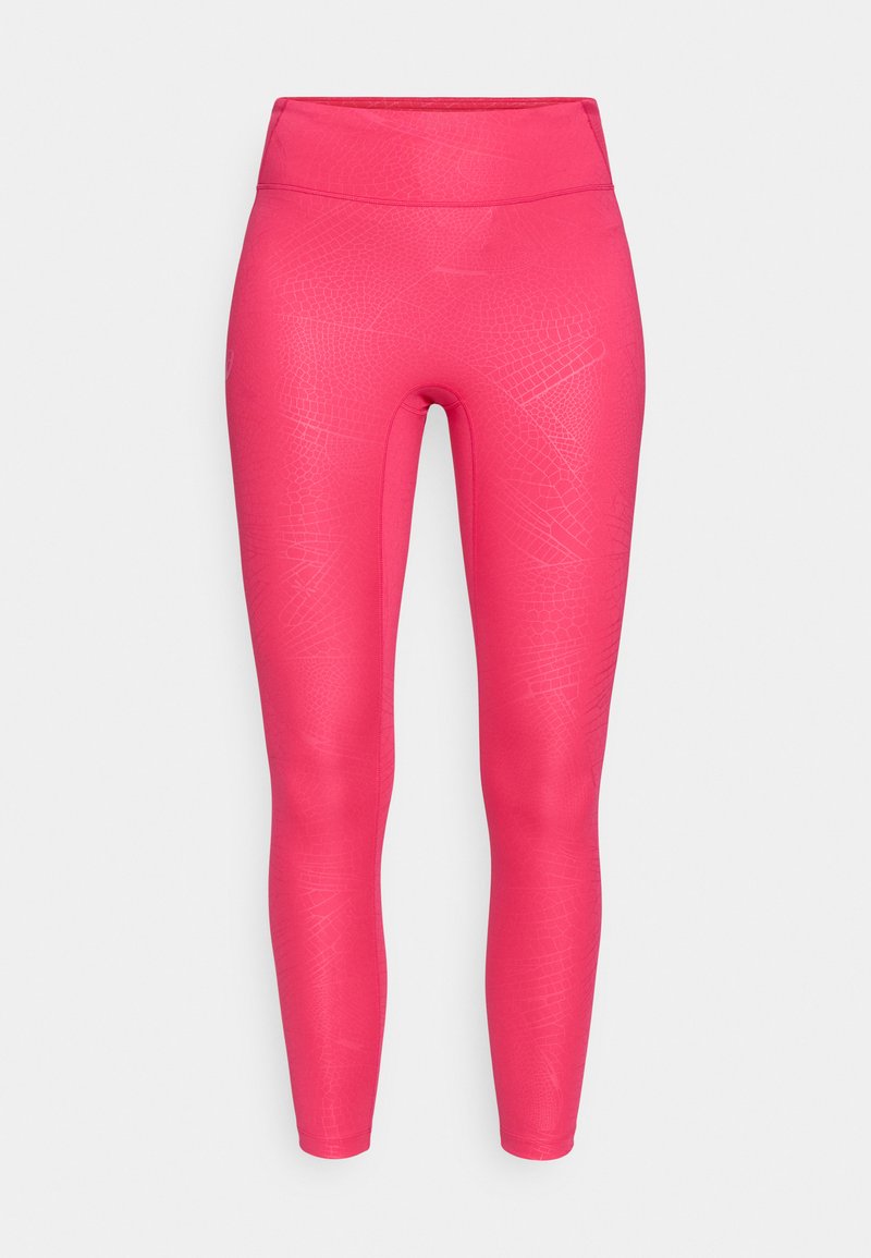 Pink leggings with a textured pattern, high waistband, and fitted design. Made from stretchy material that contours to the body.