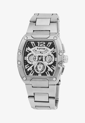 Silver stainless steel watch with a rectangular black dial, white accents, and three sub-dials. Features bold hour markers and a link bracelet.