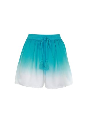Tirkizno-bijele ombre kratke hlače s elastičnim pojasom, vezicom, resicama, bočnim džepovima i ukrasnim valovitim rubom.