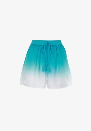 Turquoise-witte ombre shorts met een elastische tailleband, trekkoord, kwastjes, zijzakken en een zoom met geschulpte rand.