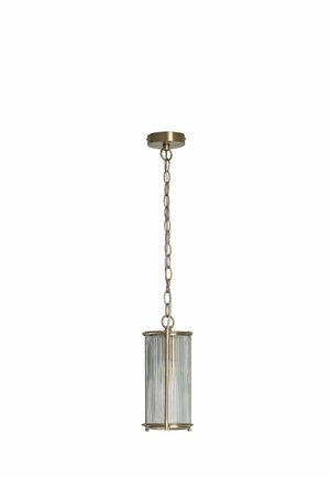 Hanging pendant light with cylindrical ribbed glass shade and bronze metal chain and fixture, suitable for indoor ceiling mounting.