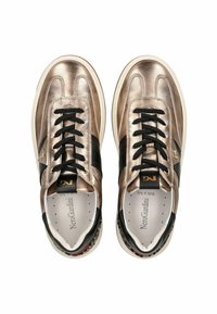 Metallic bronze sneakers with black accents, lace-up design, and padded collar. Includes logo detail on tongue and leopard print lining.