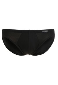 Schwarze Herrenunterwäsche aus glattem, dehnbarem Stoff. Sie hat eine niedrige Taille, eine konturierte Vorderseite und minimale Nahtdetails.