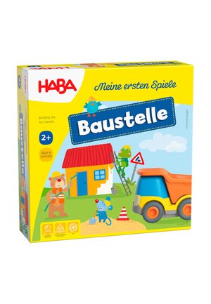 Colorful children's building site game box showing toy animals working near a house, construction sign, and a toy dump truck.