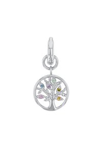Ciondolo in argento a forma di albero della vita con accenti di gemme colorate sulle foglie, design circolare con finitura lucida e chiusura sicura.