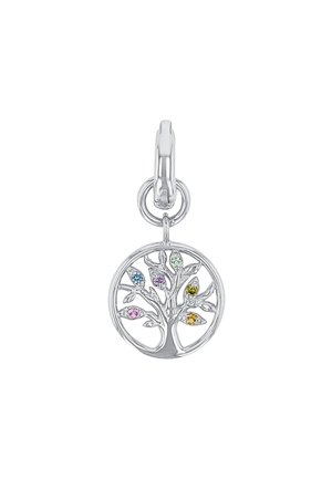 Ciondolo in argento a forma di albero della vita con accenti di gemme colorate sulle foglie, design circolare con finitura lucida e chiusura sicura.