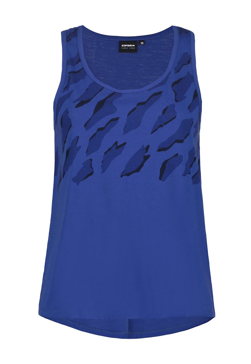 Top sin mangas azul hecho de un tejido ligero con un patrón abstracto en azul oscuro. Cuello redondo y dobladillo ligeramente curvado.