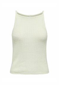 Top sin mangas de canalé en verde pálido. Presenta un corte ajustado, diseño sin mangas y un escote redondeado. El material parece texturizado y ligeramente elástico.