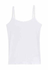 Haut pour femmes blanc style camisole avec fines bretelles tressées et encolure festonnée, présenté sur un fond blanc uni.