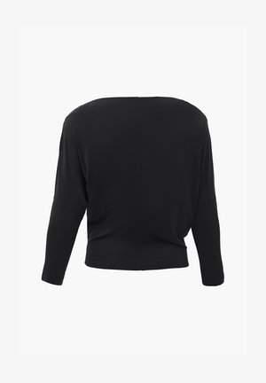 Schwarzer, langärmliger Off-Shoulder-Pullover mit zentraler Rückennaht und lockerem Sitz, vor einem einfarbigen hellen Hintergrund präsentiert.