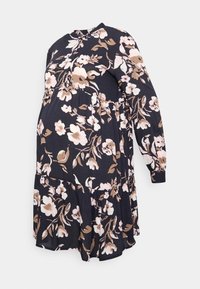 Těhotenské šaty v tmavě navy barvě s květinovým vzorem v růžové a hnědé. Dlouhé rukávy a vrstvený design pro větší pohodlí a styl.