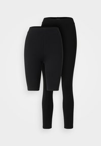 Two pairs of black leggings: one full-length and one knee-length. Made from soft, stretchy material with a smooth, plain texture.