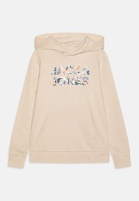 Bež hoodie s kapuljačom na vezanje, kengurub žepom i šarenim logotipom "JACK & JONES" koji sadrži cvjetne uzorke i teksture.