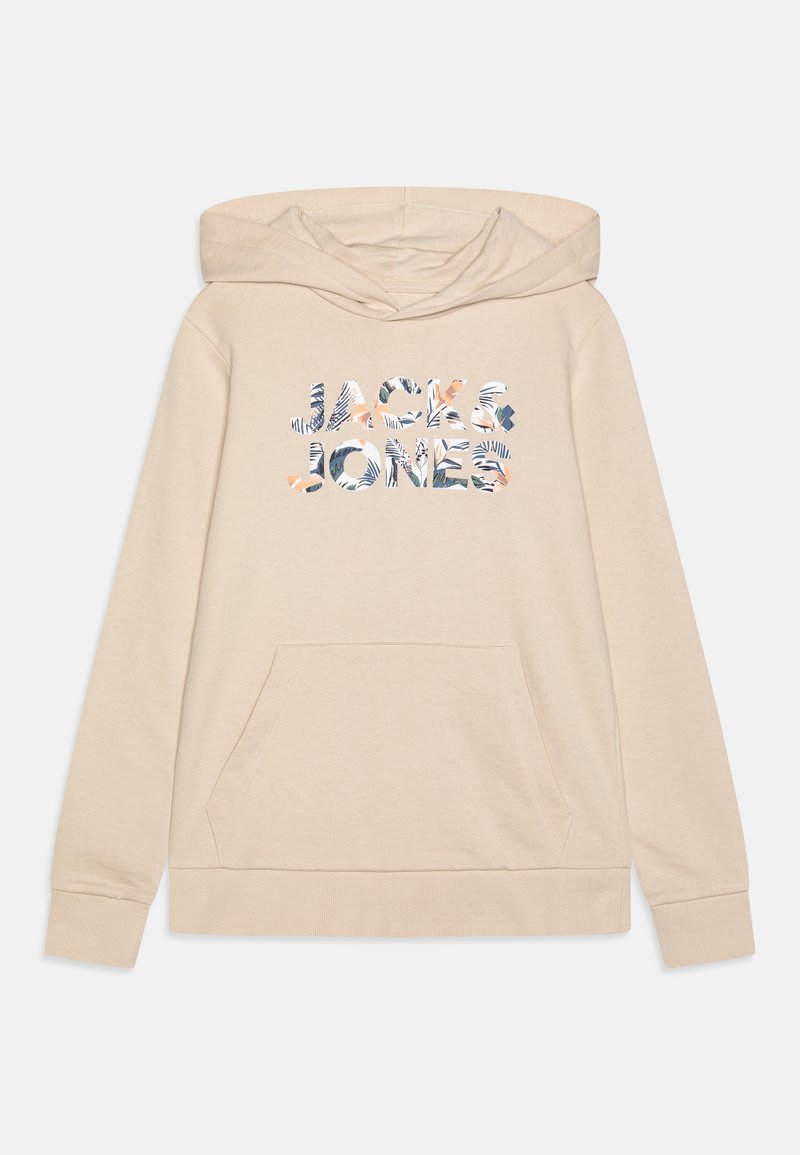 Bež hoodie s kapuljačom na vezanje, kengurub žepom i šarenim logotipom "JACK & JONES" koji sadrži cvjetne uzorke i teksture.