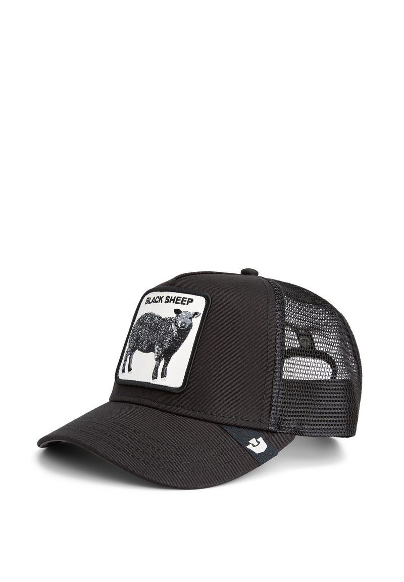 Black cap with a mesh back, featuring a rectangular patch depicting a black sheep and the text "BLACK SHEEP" in bold font.
