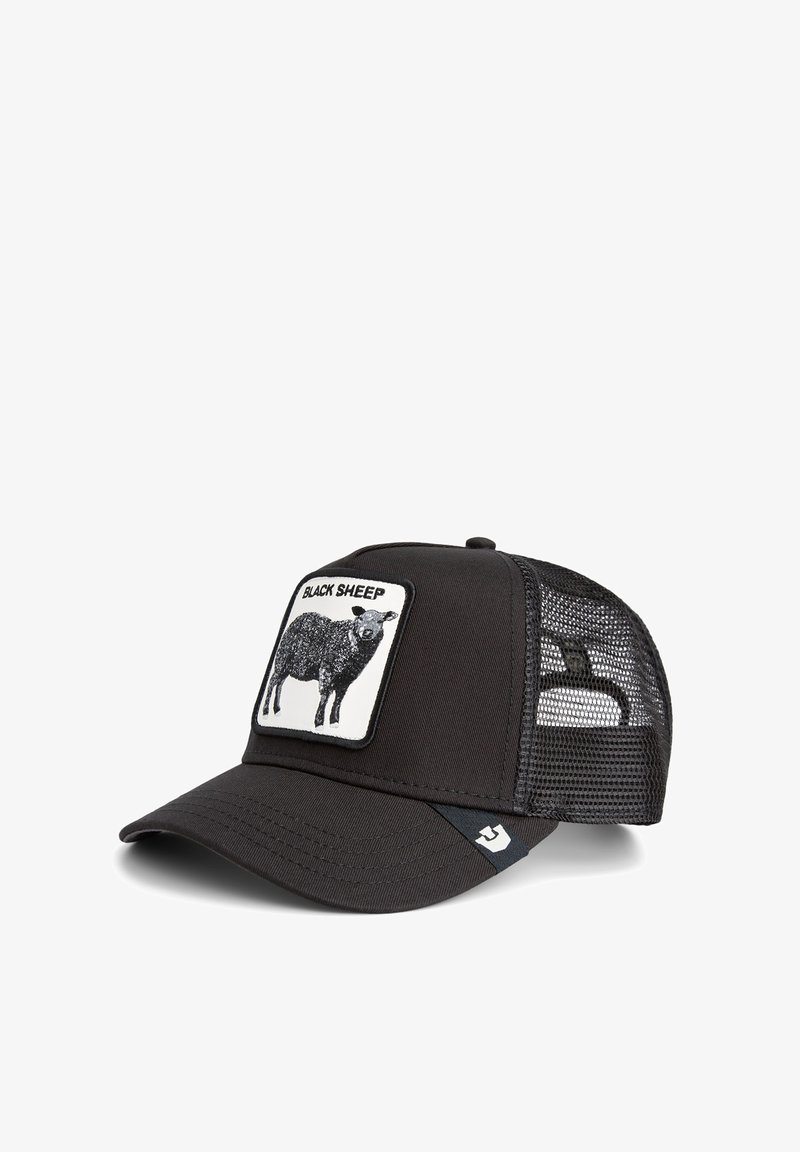 Black cap with a mesh back, featuring a rectangular patch depicting a black sheep and the text "BLACK SHEEP" in bold font.