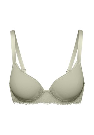Light beige padded bra with adjustable straps, lace trim along the band, and a small bow detail at the center front.