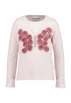 Lichtroze kindenshirt met lange mouwen met 3D roze rozenclusters die vlindervleugels vormen en een zilveren glitter vlindercorps aan de voorkant.