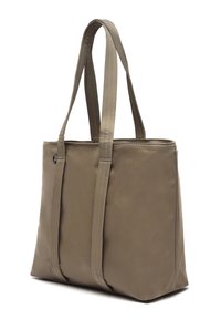 Sac fourre-tout rectangulaire taupe avec deux longues poignées et des coutures visibles sur un fond blanc.