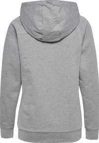 Felpa con cappuccio grigia chiaro, vista da dietro, con maniche lunghe e polsini e orlo a coste.