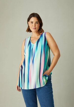Blusa senza maniche in un vivace motivo a strisce blu, verde e rosa. Tessuto morbido e leggero con scollatura a V e vestibilità rilassata.