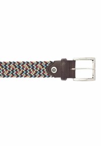 Ceinture en tissu tressé avec des brins bleu, rouge et beige, extrémités en cuir marron, et une boucle en métal rectangulaire argentée.