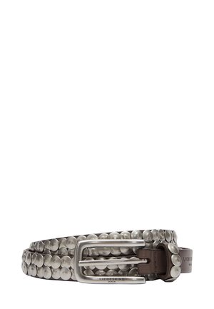 Belt with metallic decorative studs, brown leather strap, silver-tone buckle, and a textured surface featuring round, raised accents.
