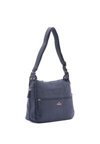 Borsa a spalla in pelle blu scuro con una finitura testurizzata, dettagli in metallo dorato e una tasca con zip esterna. Tracolla regolabile per maggiore versatilità.