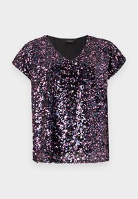 Sort top med korte ærmer dækket af flerfarvede pailletter, med V-hals og afslappet pasform. Glat tekstur med reflekterende detaljer.