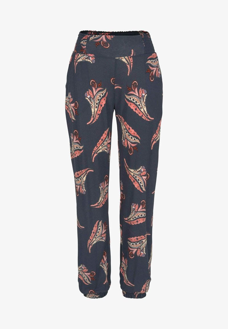 Pantalon bleu marine avec taille et chevilles élastiques, arborant un motif cachemire répétitif corail et crème.
