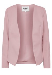 Veste rose clair à devant ouvert en tissu texturé. Elle présente des manches longues et aucun système de fermeture. L'intérieur est lisse et non doublé.