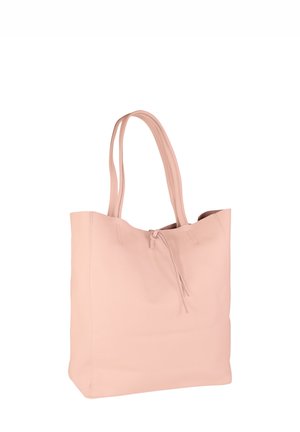 Pink leather tote bag with two elongated handles, a soft texture, a drawstring closure, and a simple, unadorned design.