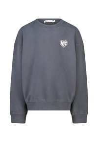 Donkergrijze crewneck sweatshirt met geribde manchetten en zoom, met een klein wit hartvormig "NYC" logo op de linkerkant van de borst.