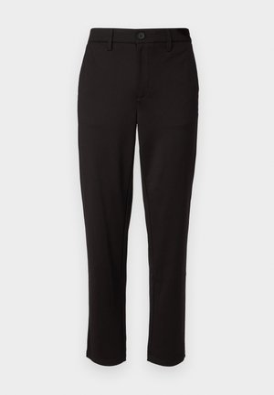 Black trousers made of lightweight fabric, featuring a straight leg, front button closure, belt loops, and side pockets.
